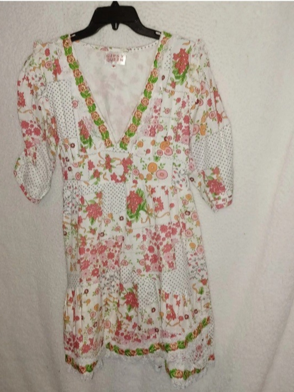 Gipsy Queen SzM Floral Lace Layered Patchwork Mini Gauze Dress Cottagecore (96C)